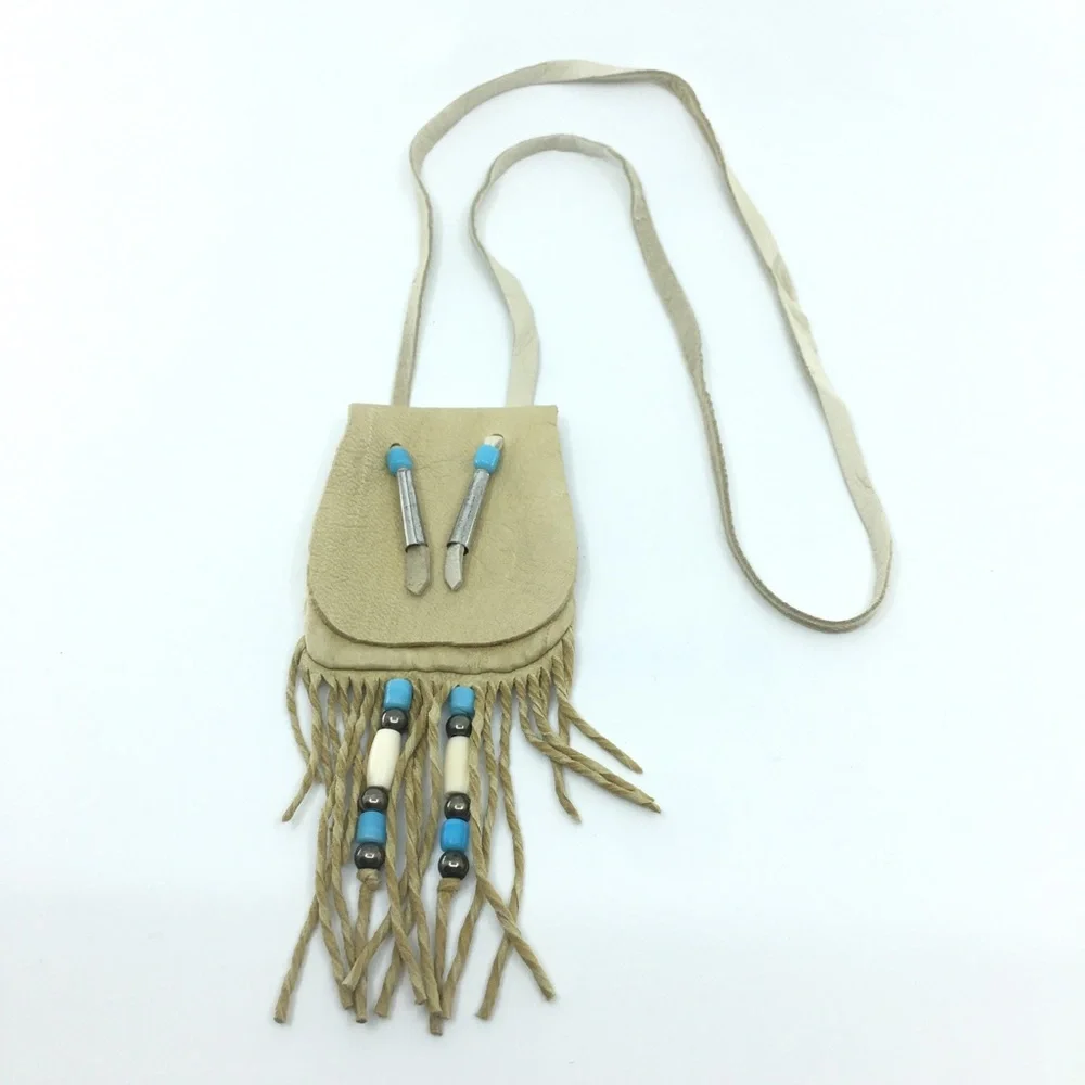 Leather Medicine Bag Necklace Pouch Beaded Fringe Boho Gypsy Handmade Tan Tribal